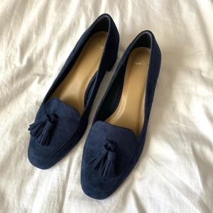Chelsea Moreland Navy Block Loafer Heels